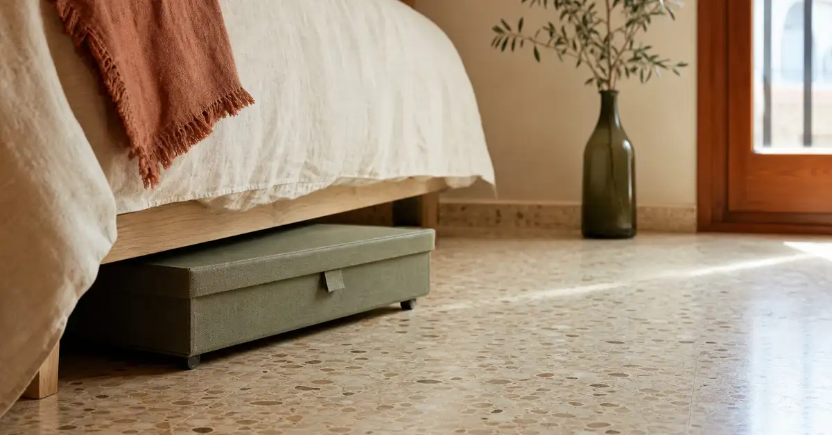 Caja de almacenaje plana con ruedas deslizándose bajo una cama baja de madera