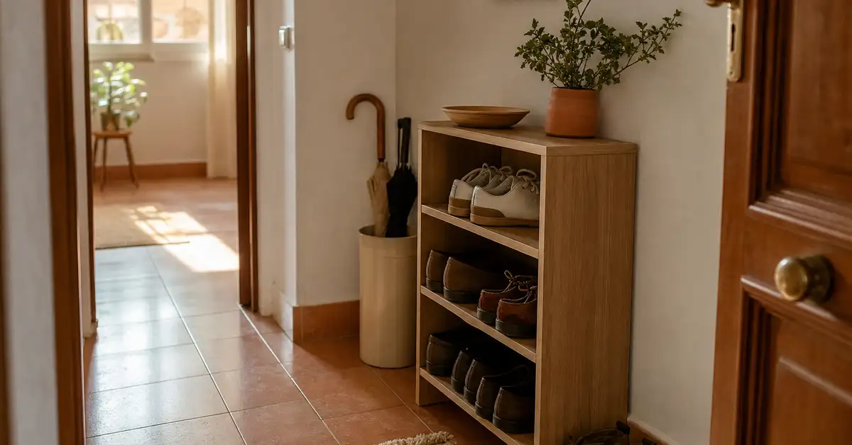 Entrada pequeña de un piso de alquiler con un zapatero estrecho autoportante junto a la puerta, luz cálida mediterránea