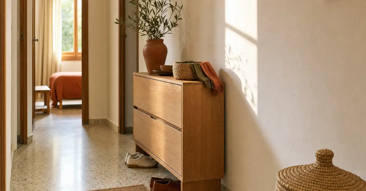 Recibidor estrecho de un piso español con un zapatero bajo de madera y luz mediterránea
