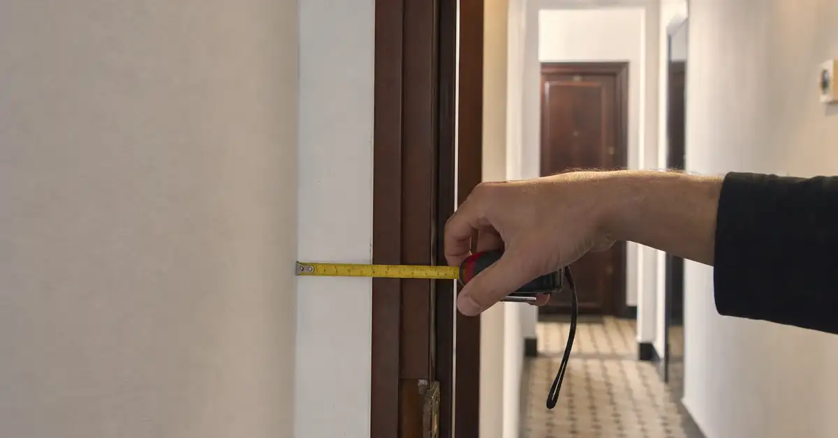 Persona midiendo con una cinta métrica el fondo disponible en un pasillo estrecho antes de comprar un zapatero