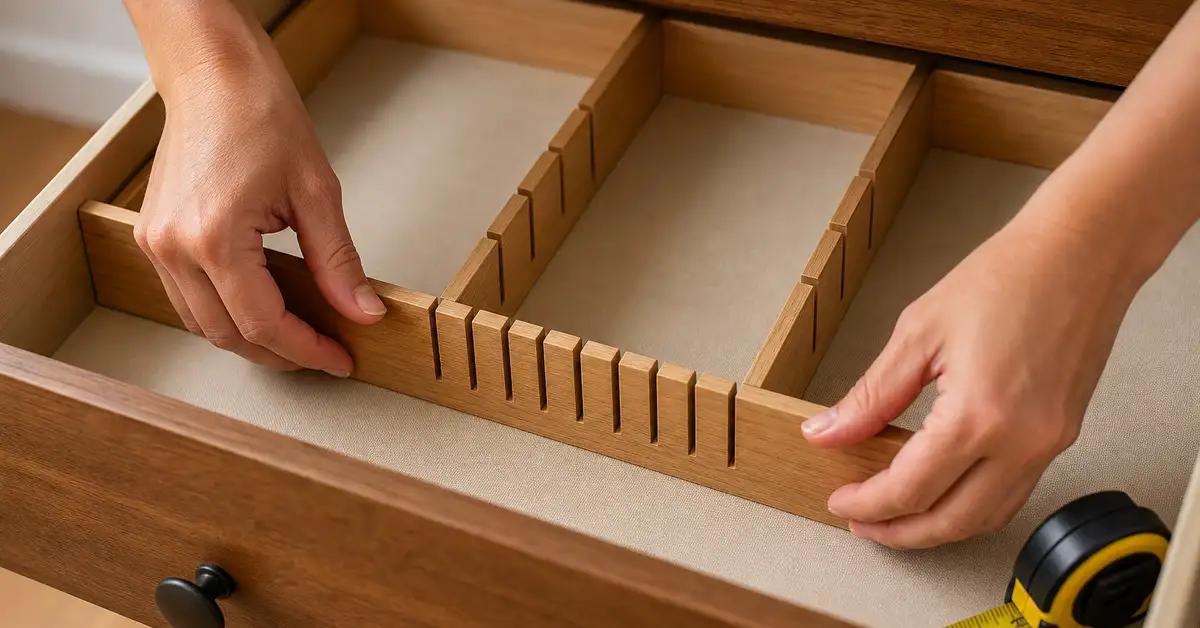 Manos ajustando un separador de madera dentro de un cajón vacío