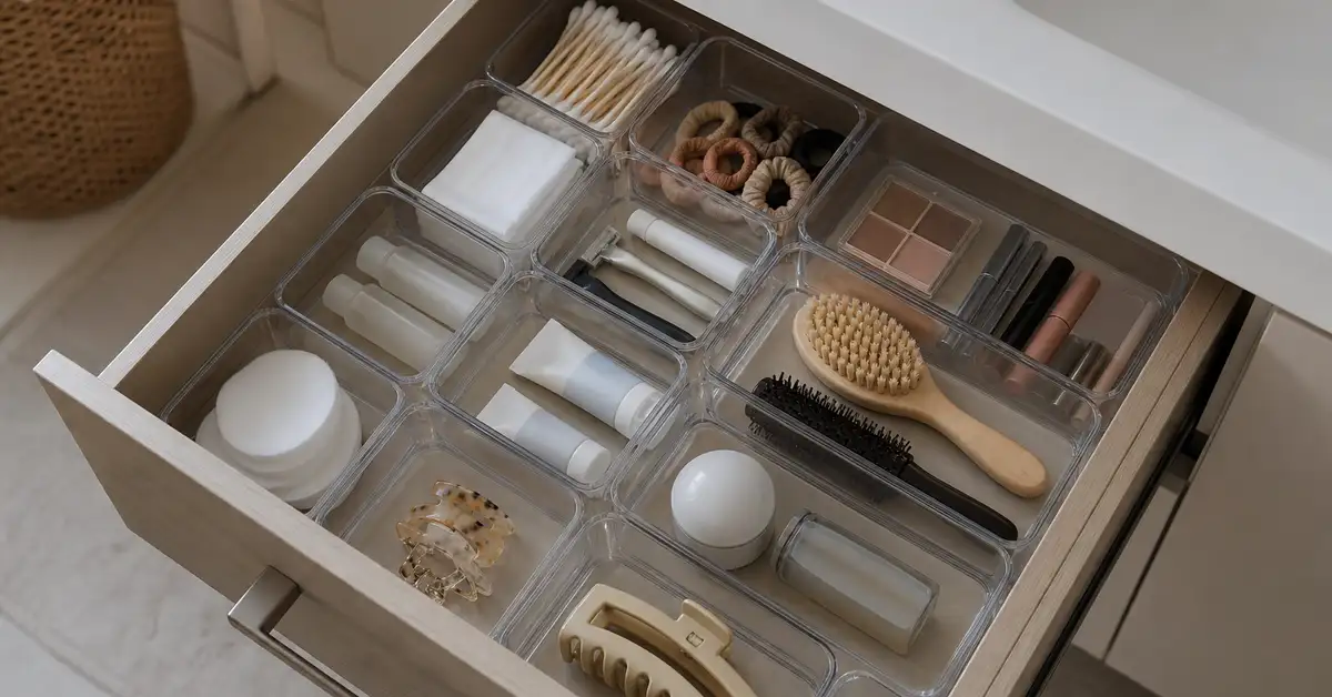 Cajón de baño con bandejas transparentes organizando productos de aseo