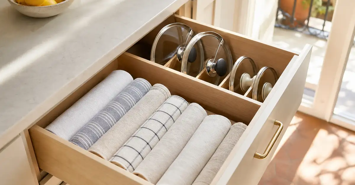 Cajón de cocina con compartimentos organizando paños y tapas