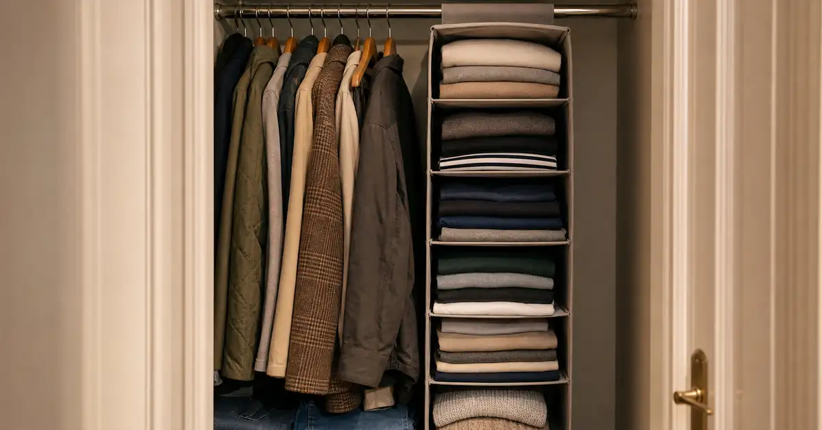Organizador colgante de tela con varios estantes lleno de ropa doblada, colgado de la barra original de un armario pequeño