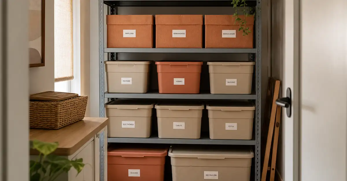 Estantería de trastero con cajas de tela y plástico organizadas
